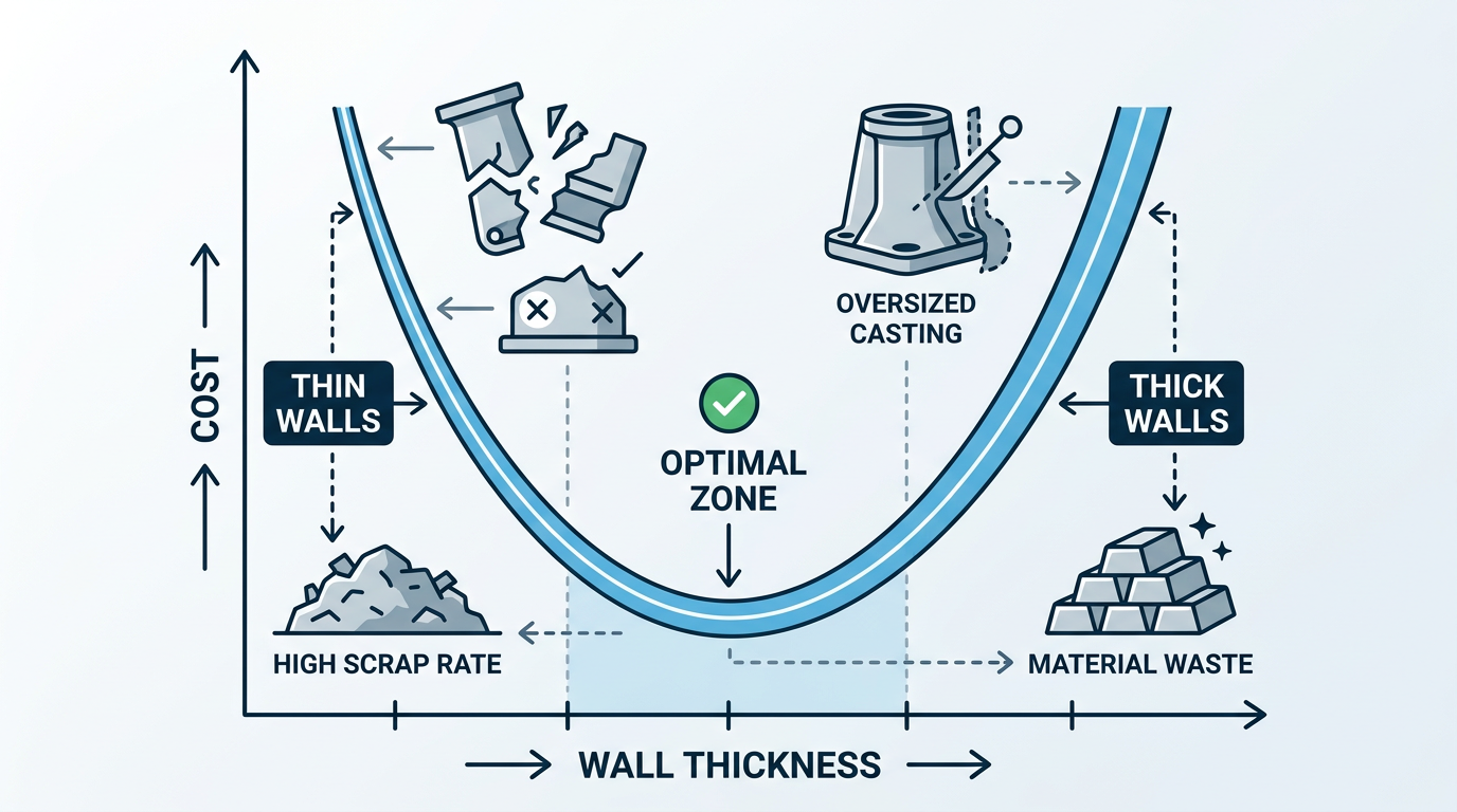 How Wall Thickness Drives Casting Cost in Sand Casting 1 U-shaped wall thickness casting cost curve showing scrap costs rising at thin walls and material costs rising at thick walls with optimal zone in center
