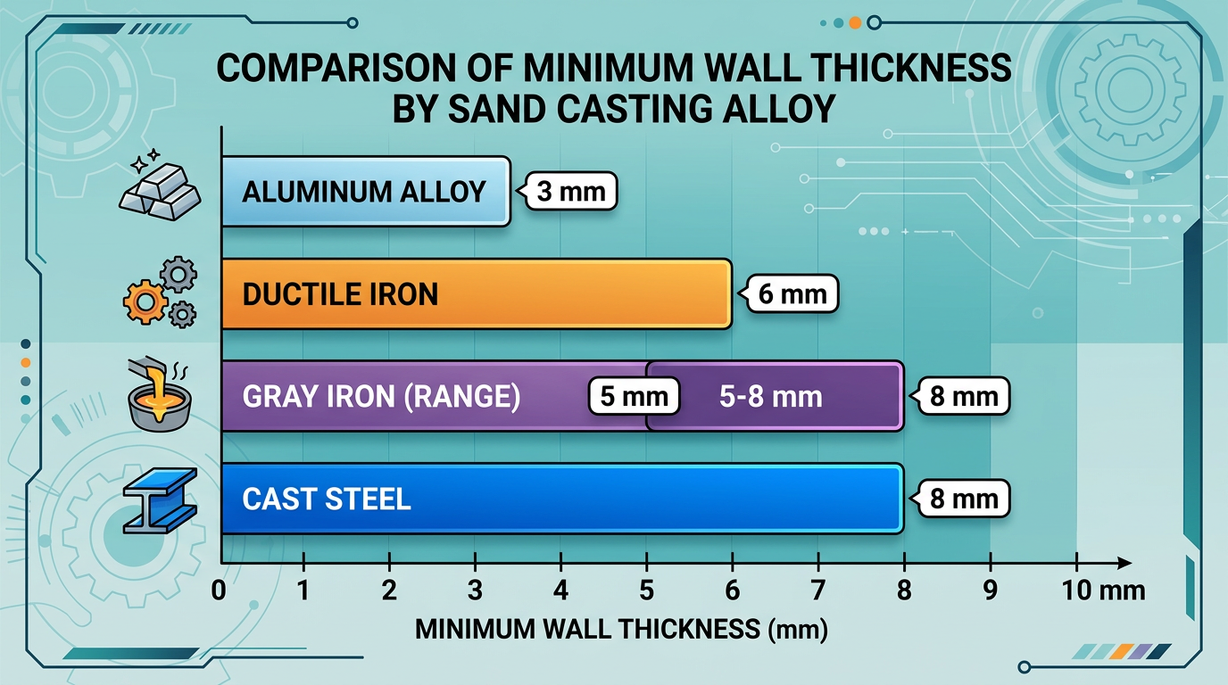 How Wall Thickness Drives Casting Cost in Sand Casting 2 Minimum wall thickness comparison diagram for sand casting alloys showing aluminum steel and iron ranges