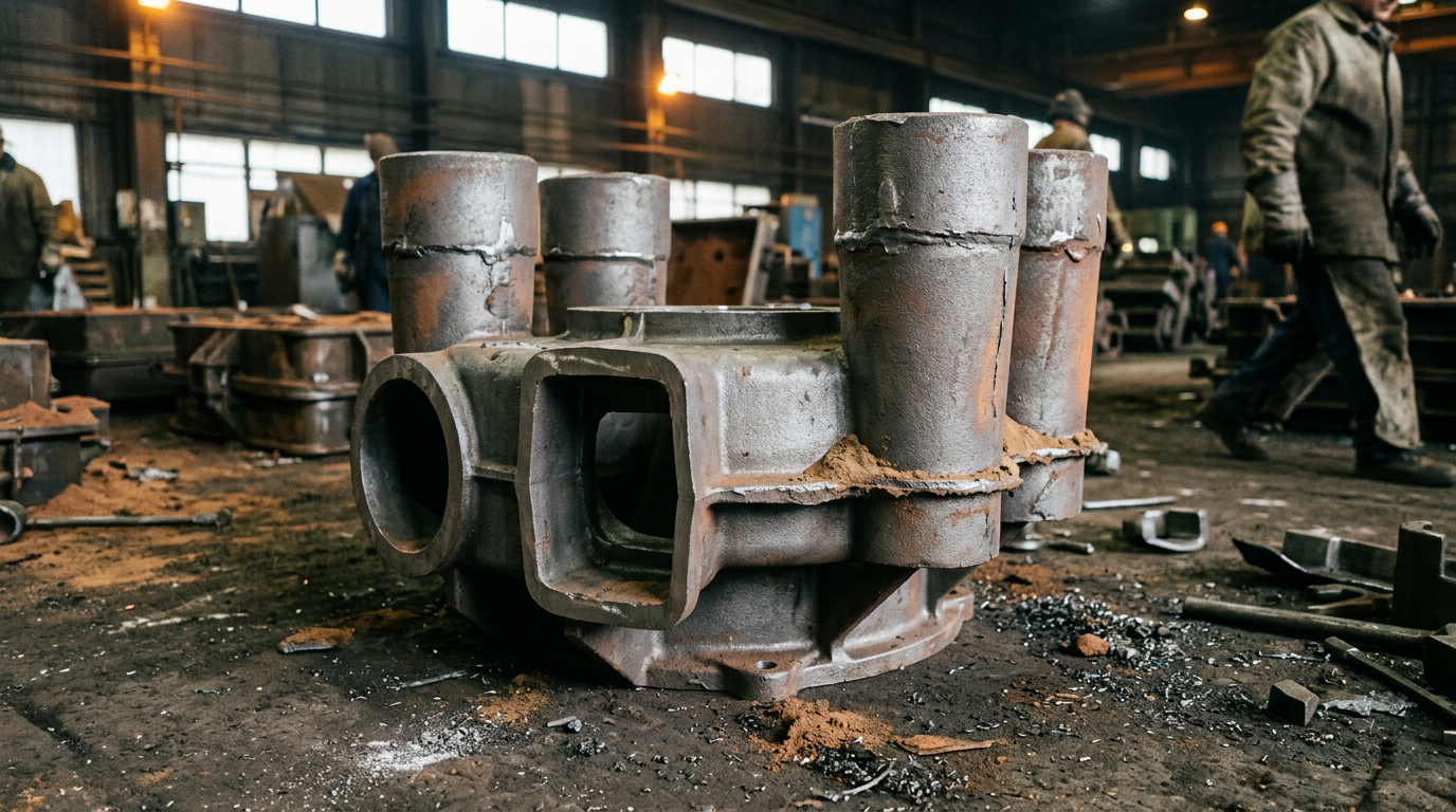 How Wall Thickness Drives Casting Cost in Sand Casting 3 Steel sand casting with oversized risers demonstrating yield loss from thick wall thickness requiring large feeding systems
