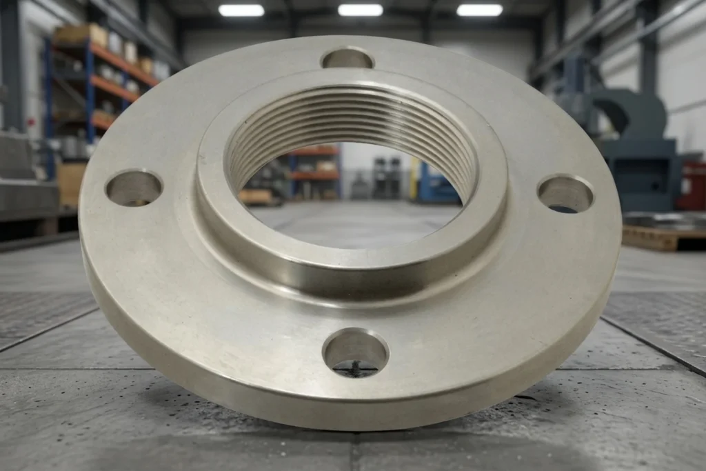 A close-up factory photograph of a massive, custom sand-cast carbon steel weld neck flange resting on a steel inspection table. The flange features a precision CNC-machined raised face and meticulously drilled bolt holes, illuminated by bright overhead industrial LED lighting in a modern foundry.