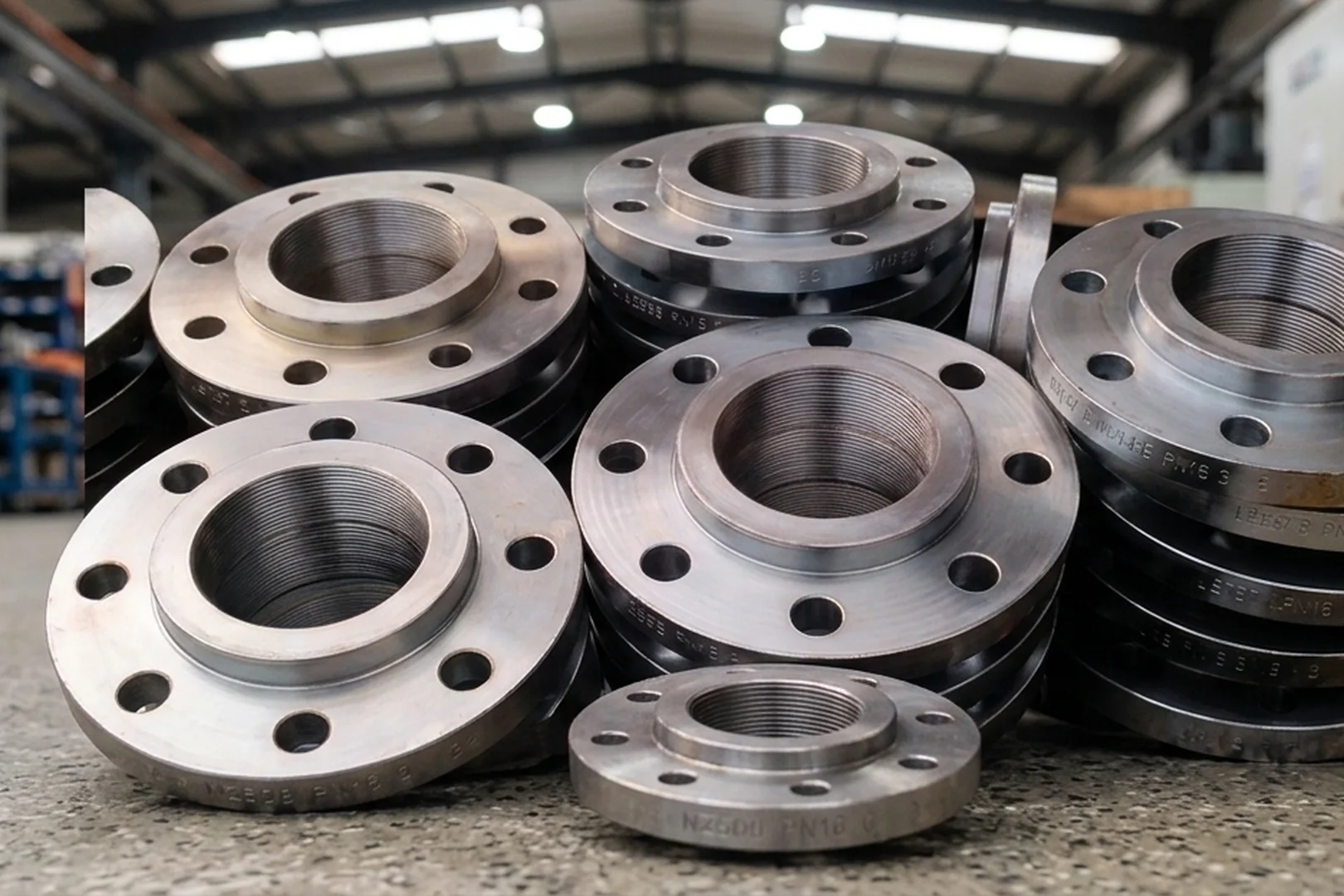 A professional manufacturing photograph showing a CNC machine cutting the internal bore of a large stainless steel custom blind flange. Metal shavings are visible around the cutting tool, with coolant fluid spraying onto the machined surface against a dark industrial background.