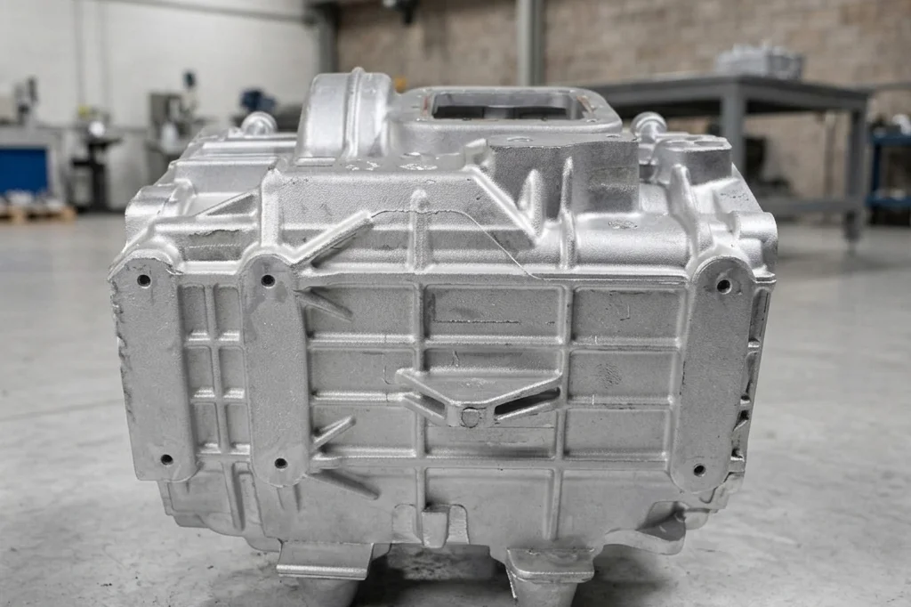 Detailed photograph of a large ductile iron gear reducer casing being machined on a 5-axis CNC mill, with metal shavings visible and coolant fluid spraying onto the cutting tool, industrial factory background