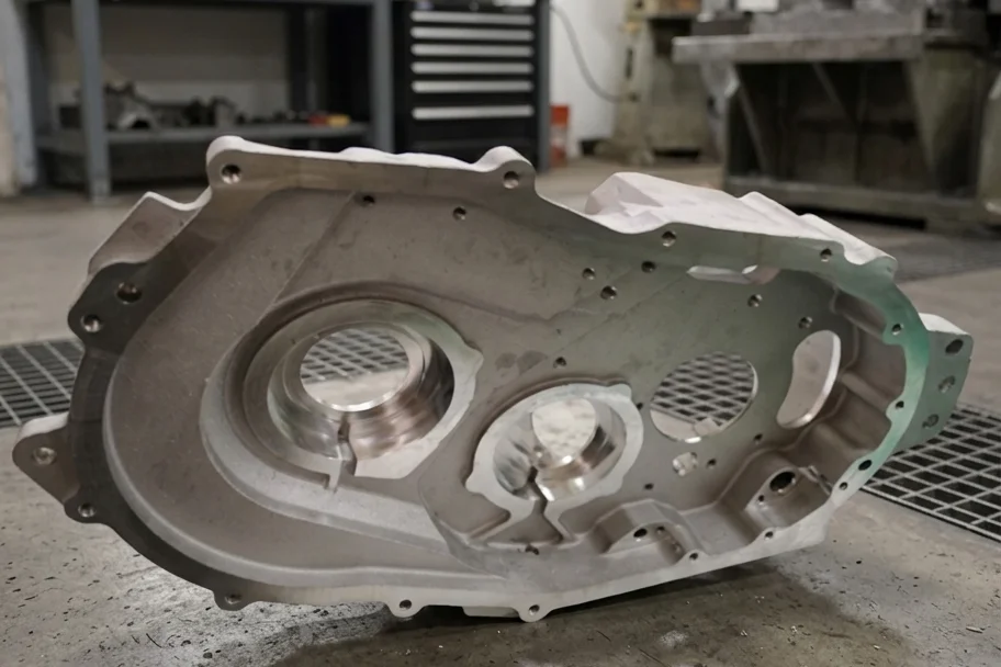 Professional product photograph of a finished carbon steel gear case painted with industrial gray rust-preventative coating, sitting on a wooden ISPM-15 export pallet ready for shipping