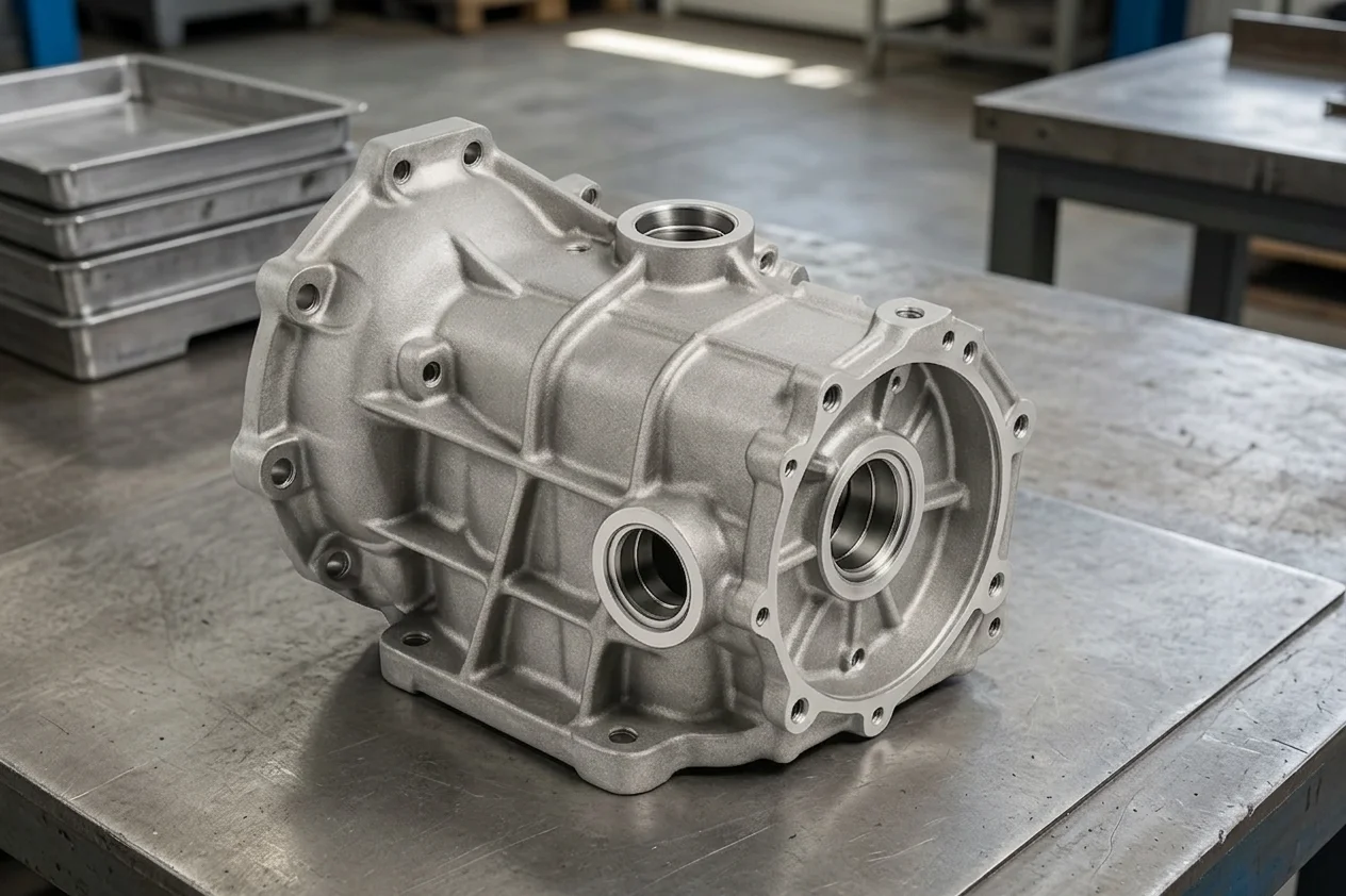 Photograph of a foundry quality control engineer using a Coordinate Measuring Machine probe to verify the internal bore dimensions of a cast iron gearbox housing in a clean inspection laboratory