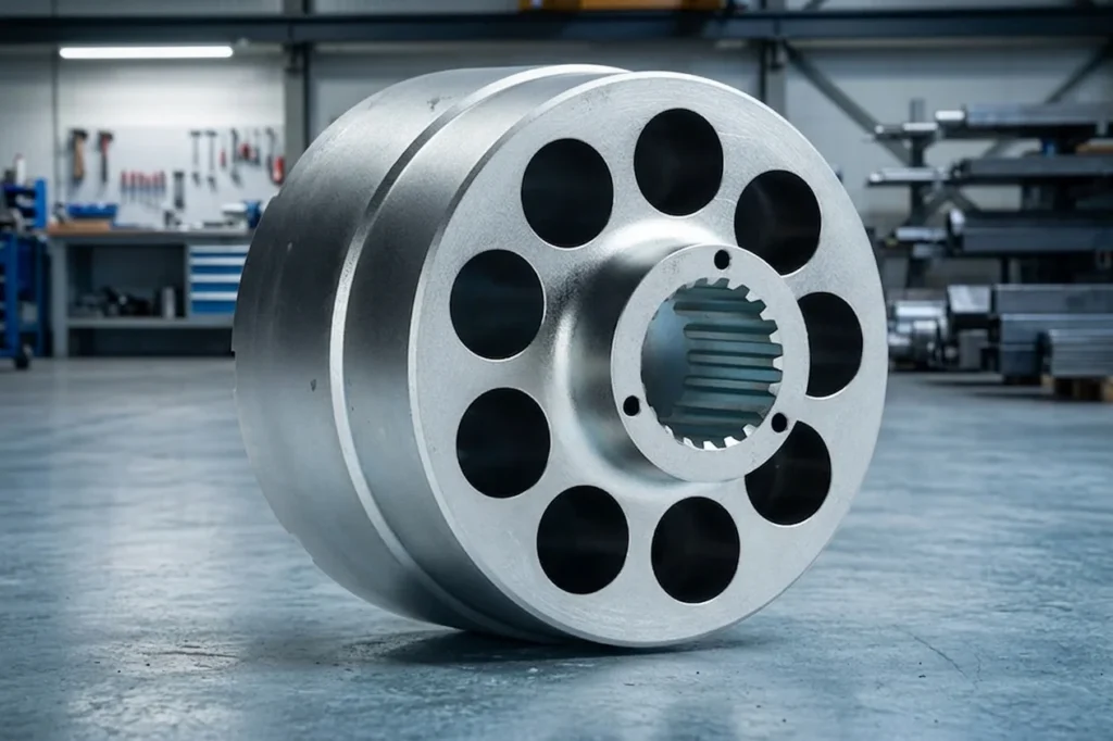 Close-up photograph of a custom sand-cast gray iron hydraulic pump housing resting on a steel inspection table, showing precision CNC-machined mounting flanges and a smooth internal bore, taken under bright factory LED lighting