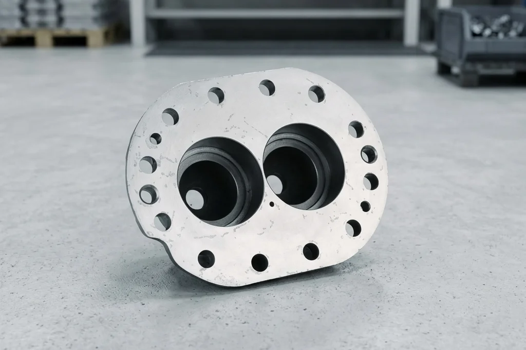 Close-up photograph of a heavy-duty ductile iron bellhousing mounted on a 5-axis CNC machine, with metal shavings visible around the freshly cut bolt holes, taken in a modern manufacturing workshop