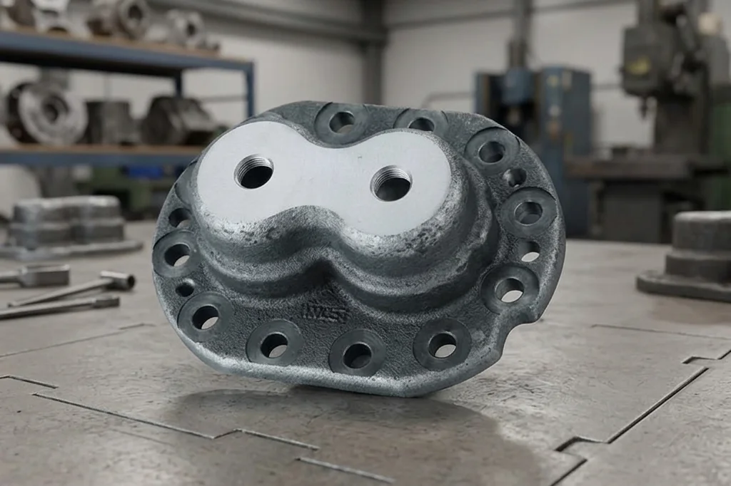 Wide photograph of several custom cast iron motor mounts arranged neatly on a wooden shipping pallet, wrapped in rust-preventative plastic film, staged on a concrete foundry floor
