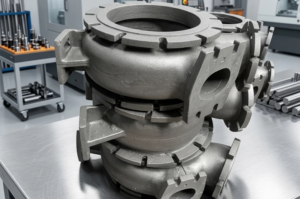 Wide-angle factory photograph showing a massive custom sand-cast ductile iron pump housing suspended by a yellow overhead crane, with glowing induction furnaces in the blurred background under bright industrial warehouse lighting