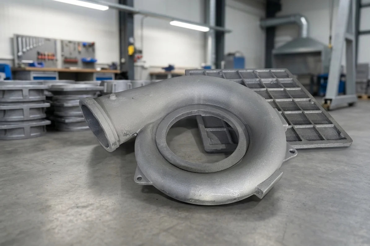 Close-up macro photograph of the complex internal volute of a custom cast carbon steel pump casing resting on a wooden inspection pallet, highlighting the exceptionally smooth flow passages and metallic surface texture