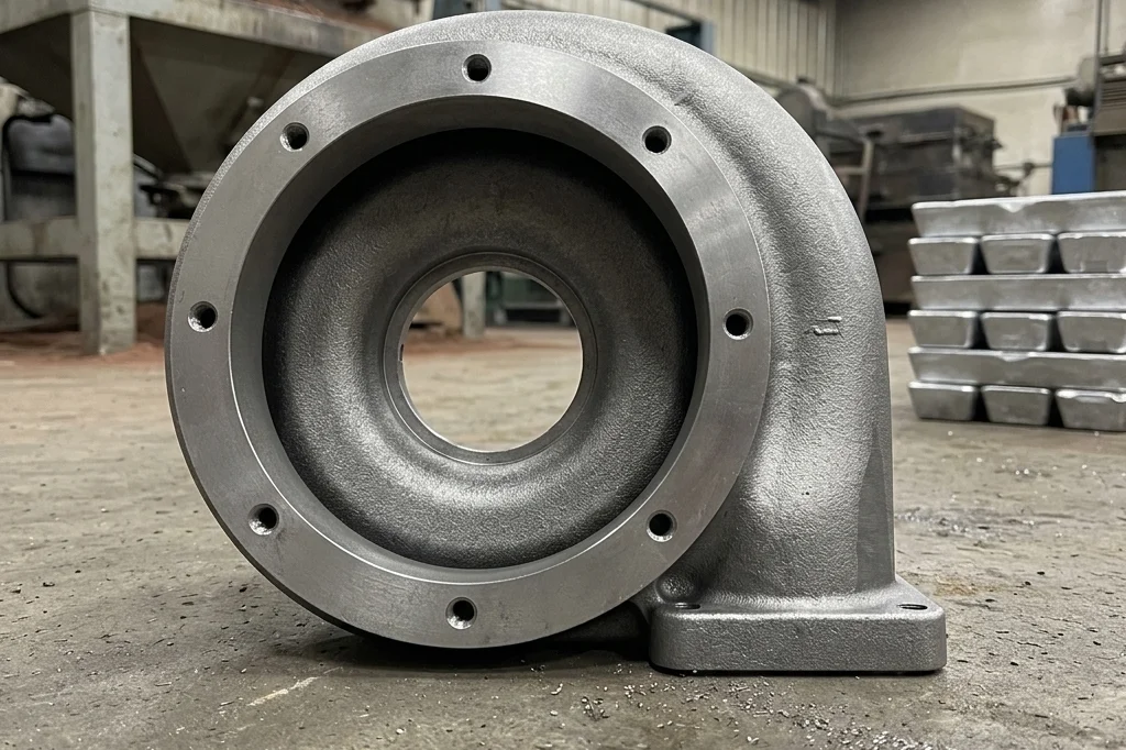 Professional industrial photograph of a precision CNC-machined stainless steel pump impeller secured in a 5-axis milling machine, with cutting fluid glistening on the freshly machined sealing faces under bright LED work lights