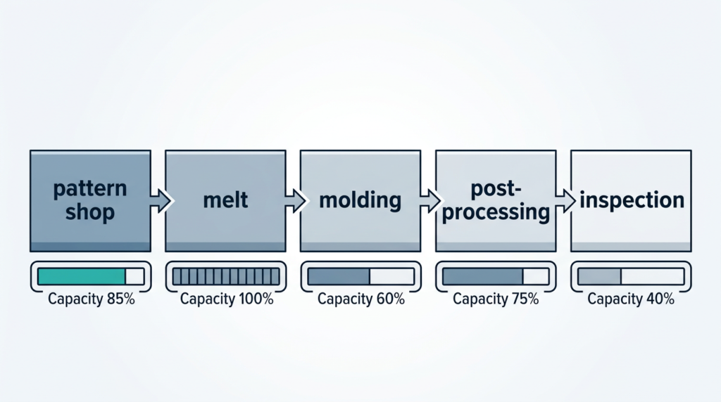 Diagram showing five internal foundry queues that determine lead time quote accuracy from pattern shop through final inspection