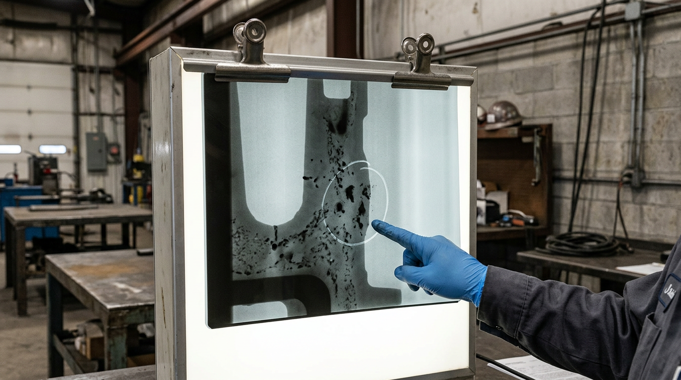 Film radiographique sur négatoscope révélant la porosité interne dans un moulage au sable inspecté par des méthodes END