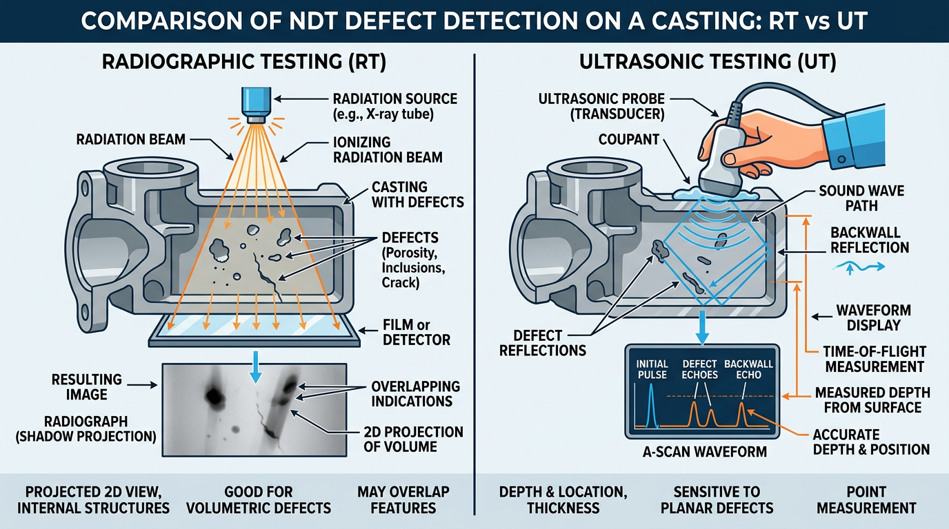 Diagram comparing radiographic and ultrasonic NDT methods for detecting defects at different depths in sand castings<br>