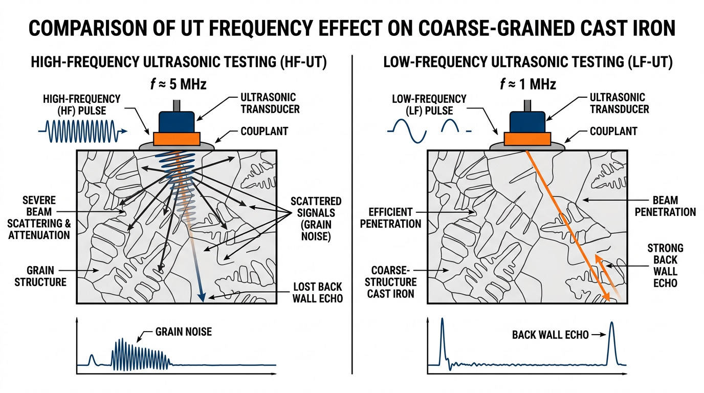 Diagram showing how ultrasonic testing frequency affects signal penetration through coarse-grained cast iron in NDT inspection<br>