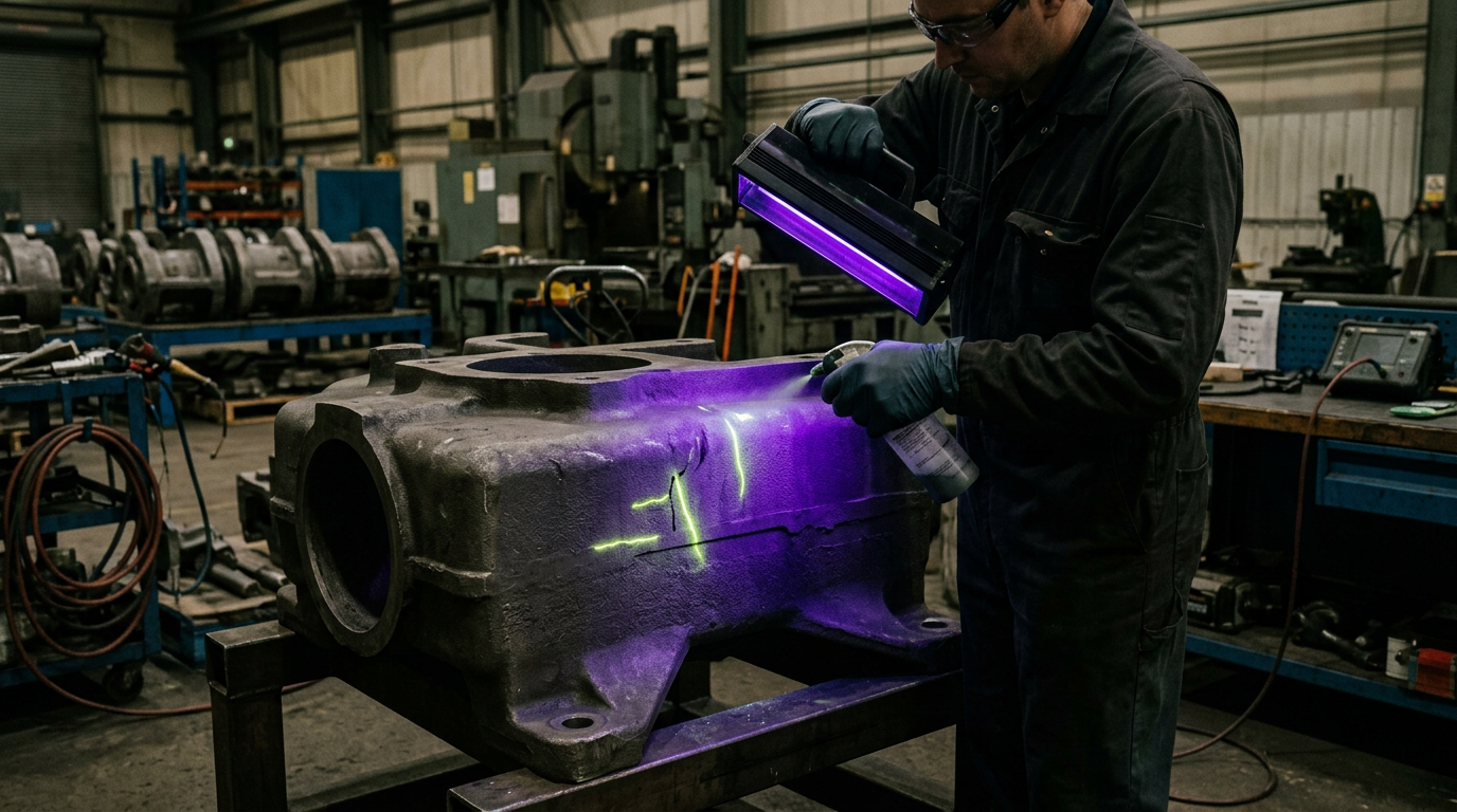 Magnetic particle testing revealing surface cracks on a ferrous sand casting under UV light as part of NDT quality inspection<br>