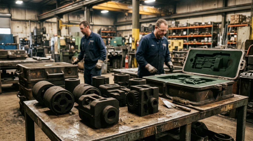 Multiple sand cores arranged for mold assembly, showing how part complexity in sand casting increases lead time through sub-assembly requirements