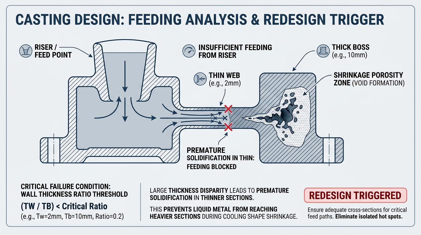 How Part Complexity Affects Sand Casting Lead Time 2 Diagram showing how wall thickness variation beyond the 2:1 ratio blocks feeding paths in sand casting, extending lead time through redesign
