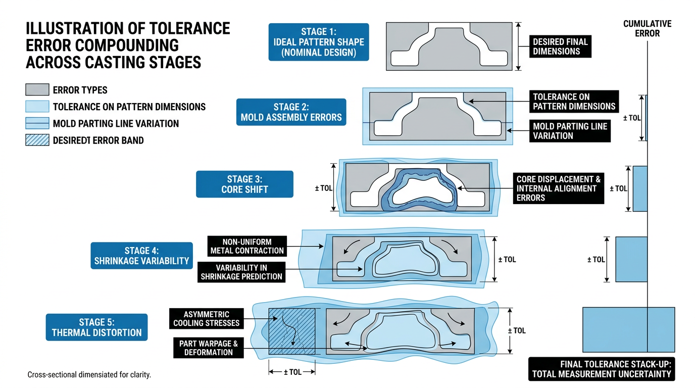 How Part Complexity Affects Sand Casting Lead Time 3 Diagram of dimensional error stacking in complex sand castings showing how part complexity creates multiplicative tolerance problems affecting lead time