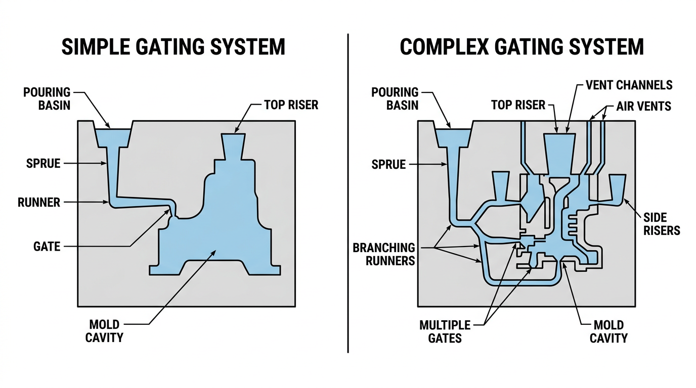 How Part Complexity Affects Sand Casting Lead Time 4 Simple versus complex gating system comparison in sand casting, showing how part complexity drives gating engineering time and extends lead time