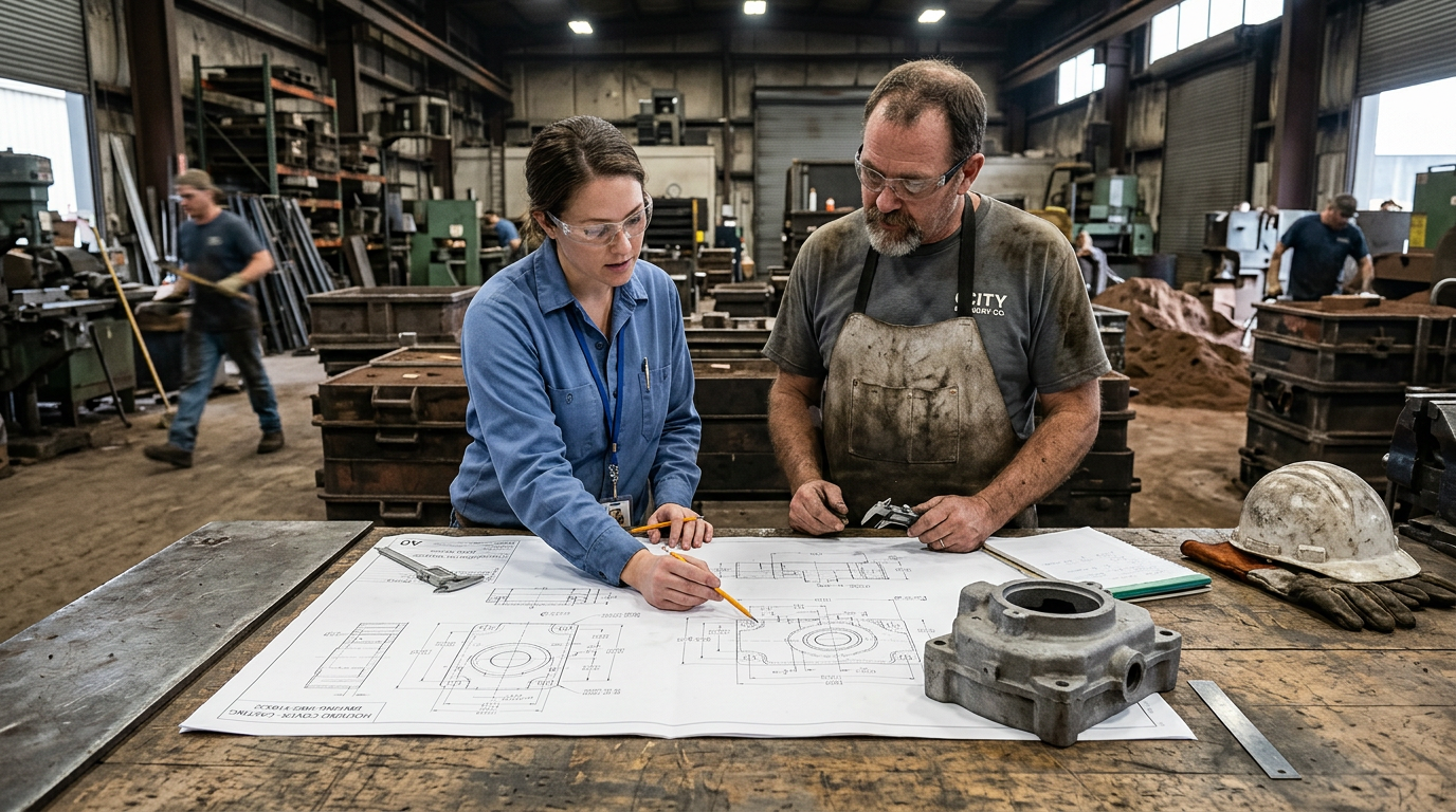 How Part Complexity Affects Sand Casting Lead Time 5 Engineer and foundry technician reviewing casting design for DFM optimization to reduce part complexity and sand casting lead time