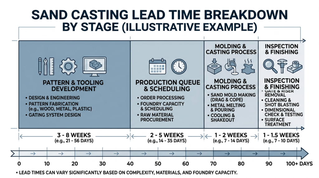 Sand casting lead time breakdown diagram showing where project delays concentrate by stage