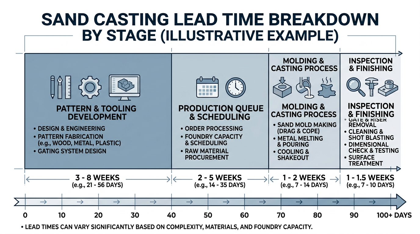 Sand casting lead time breakdown diagram showing where project delays concentrate by stage