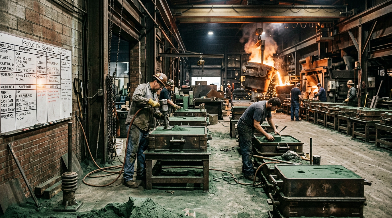 Active foundry production floor where capacity scheduling affects sand casting project delays