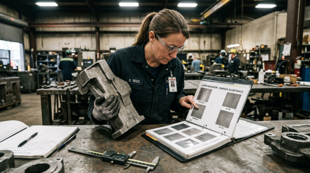 Quality engineer comparing sand casting surface against ASTM A802 reference plates to evaluate acceptance criteria