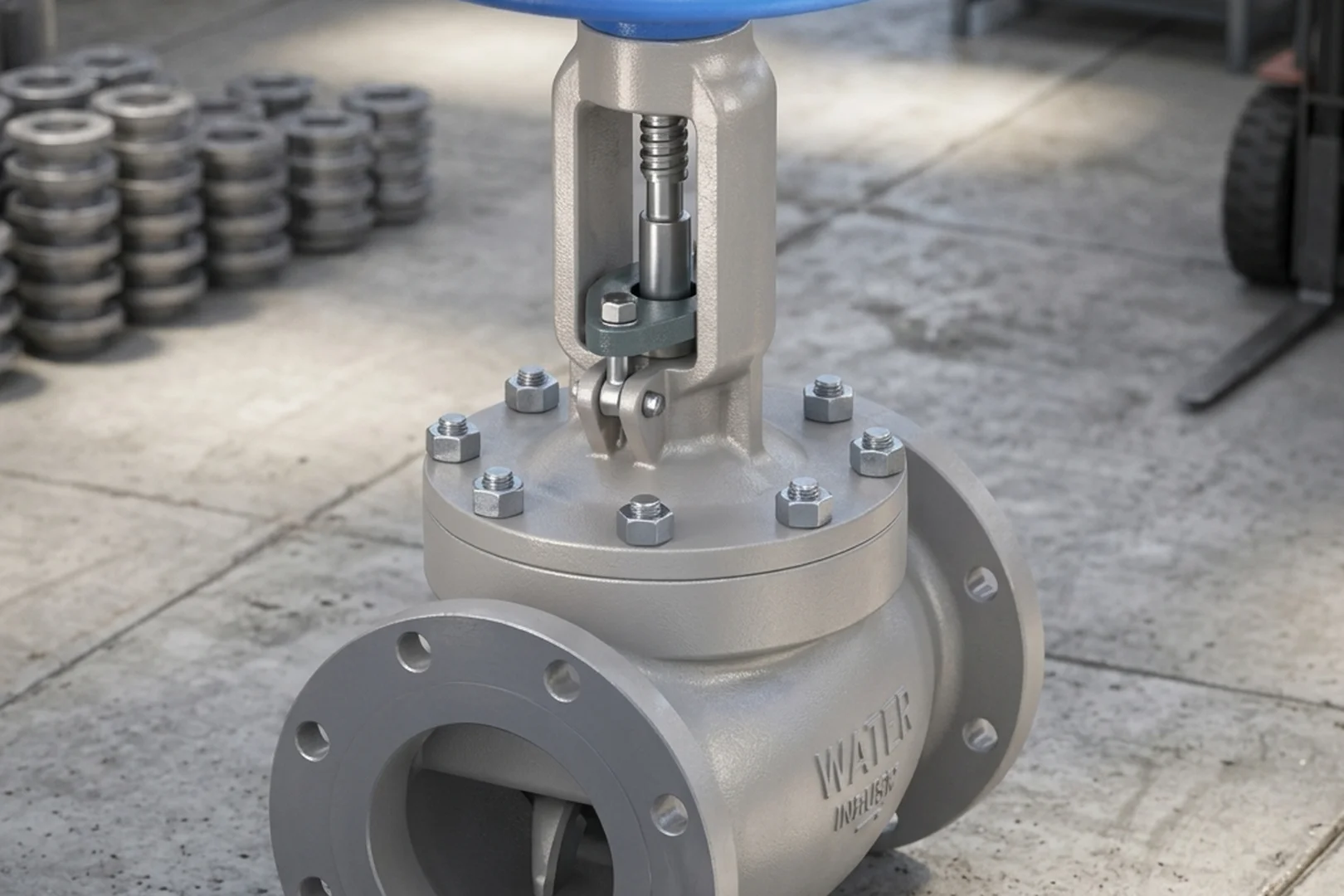 Close-up factory photograph of a large, freshly CNC-machined custom carbon steel valve body casting sitting on a heavy steel inspection table under bright LED lighting. The image shows the precise bolt holes on the flanged ends and a smooth, defect-free internal bore.