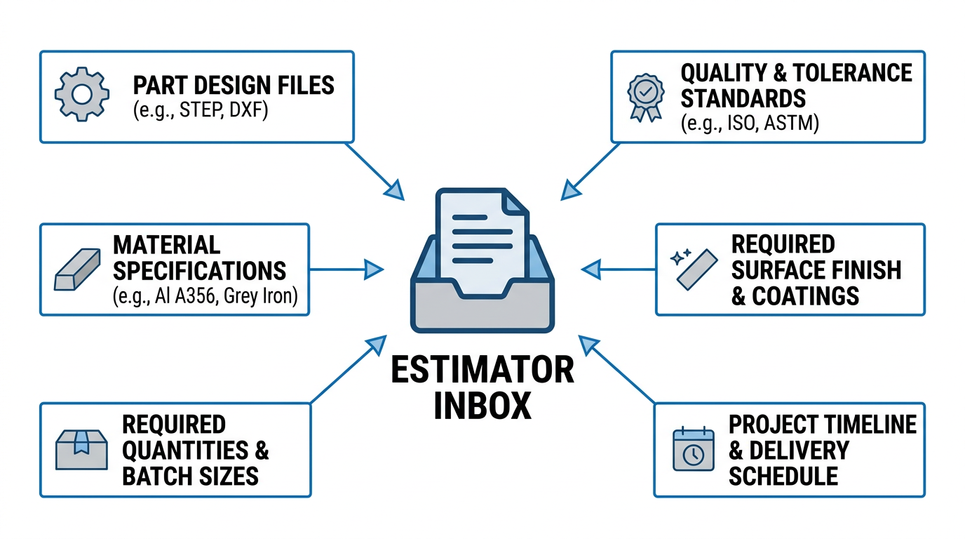 Sand Casting RFQ Template: What to Include for an Accurate Quote 1 Six required input categories of a sand casting RFQ template feeding an estimator review