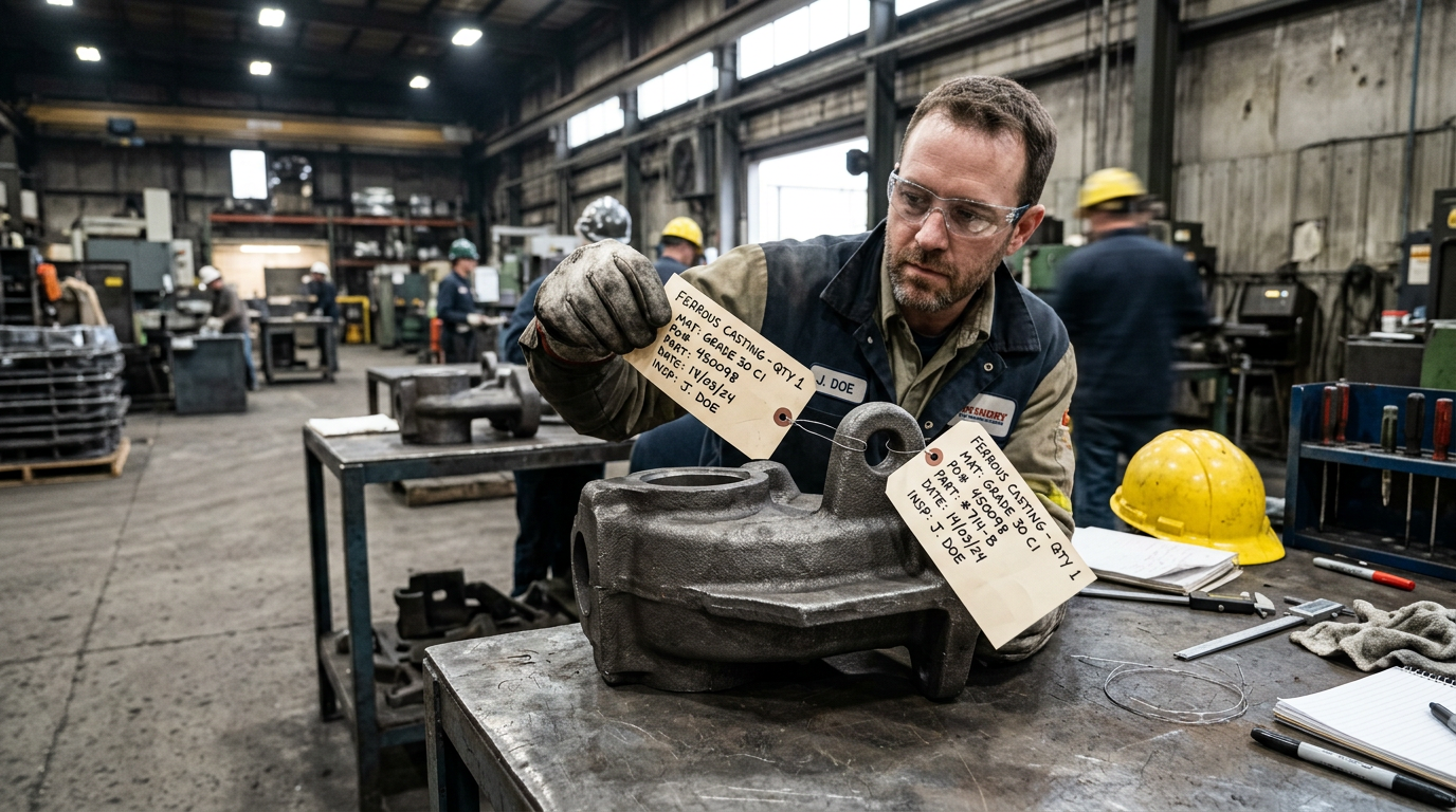 Sand Casting RFQ Template: What to Include for an Accurate Quote 2 Foundry technician verifying material grade tag on a sand casting for an RFQ