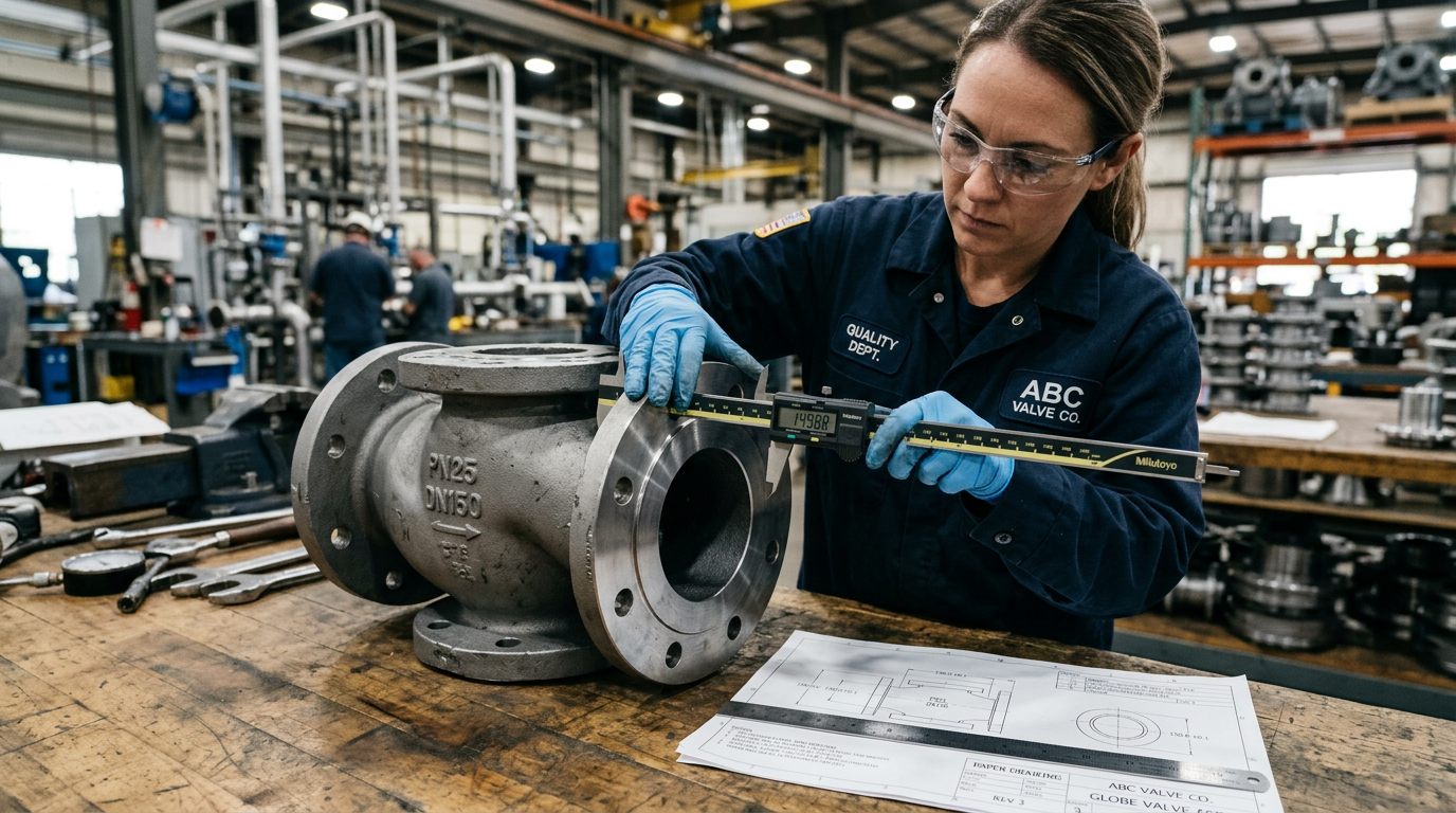 Sand Casting RFQ Template: What to Include for an Accurate Quote 3 Inspector measuring sand casting tolerance on a machined flange face for RFQ verification