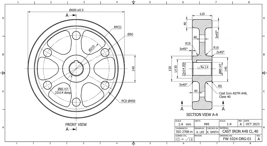 2D engineering drawing and spec sheet of a custom flywheel with dimension callouts and ASTM grade annotations.