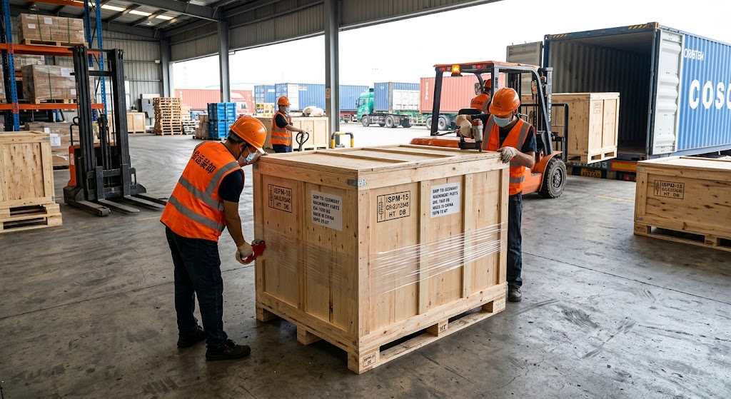 Two workers in an industrial warehouse surrounded by stacked wooden export crates, preparing custom flywheel shipments for delivery to North American customers.
