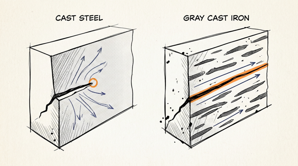 Cast steel vs cast iron microstructure showing how a fatigue crack propagates through graphite flakes