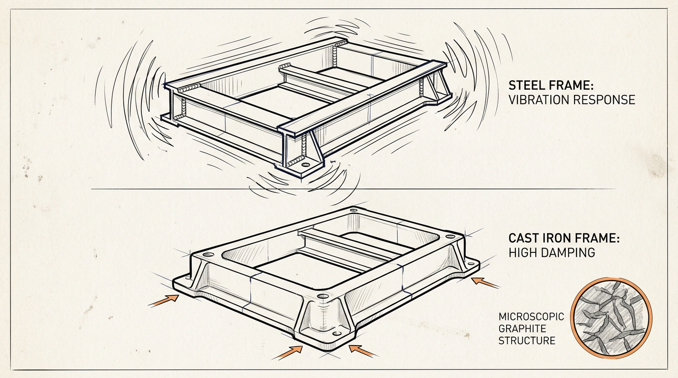 Cast steel vs cast iron frame vibration comparison showing iron's higher damping