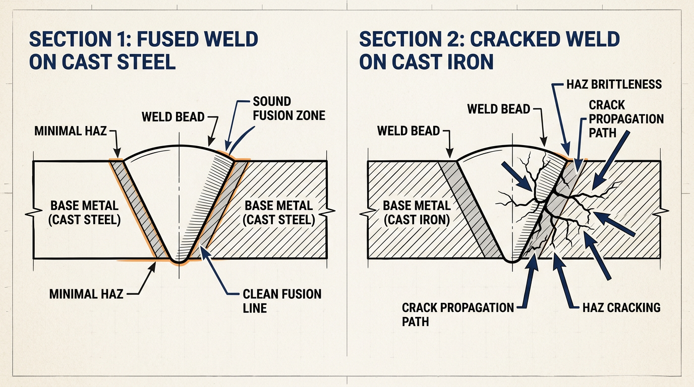 Welding cast steel vs cast iron showing a clean steel weld beside a cracked cast iron weld
