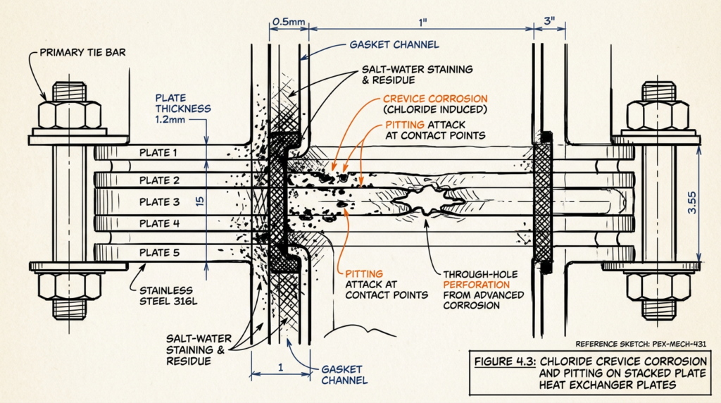 Chloride crevice corrosion perforating a plate heat exchanger in cast stainless steel grade selection