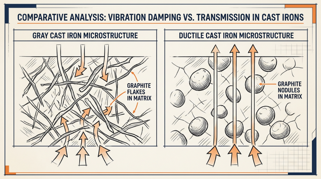Ductile iron vs gray cast iron graphite microstructure comparison, flakes versus nodules