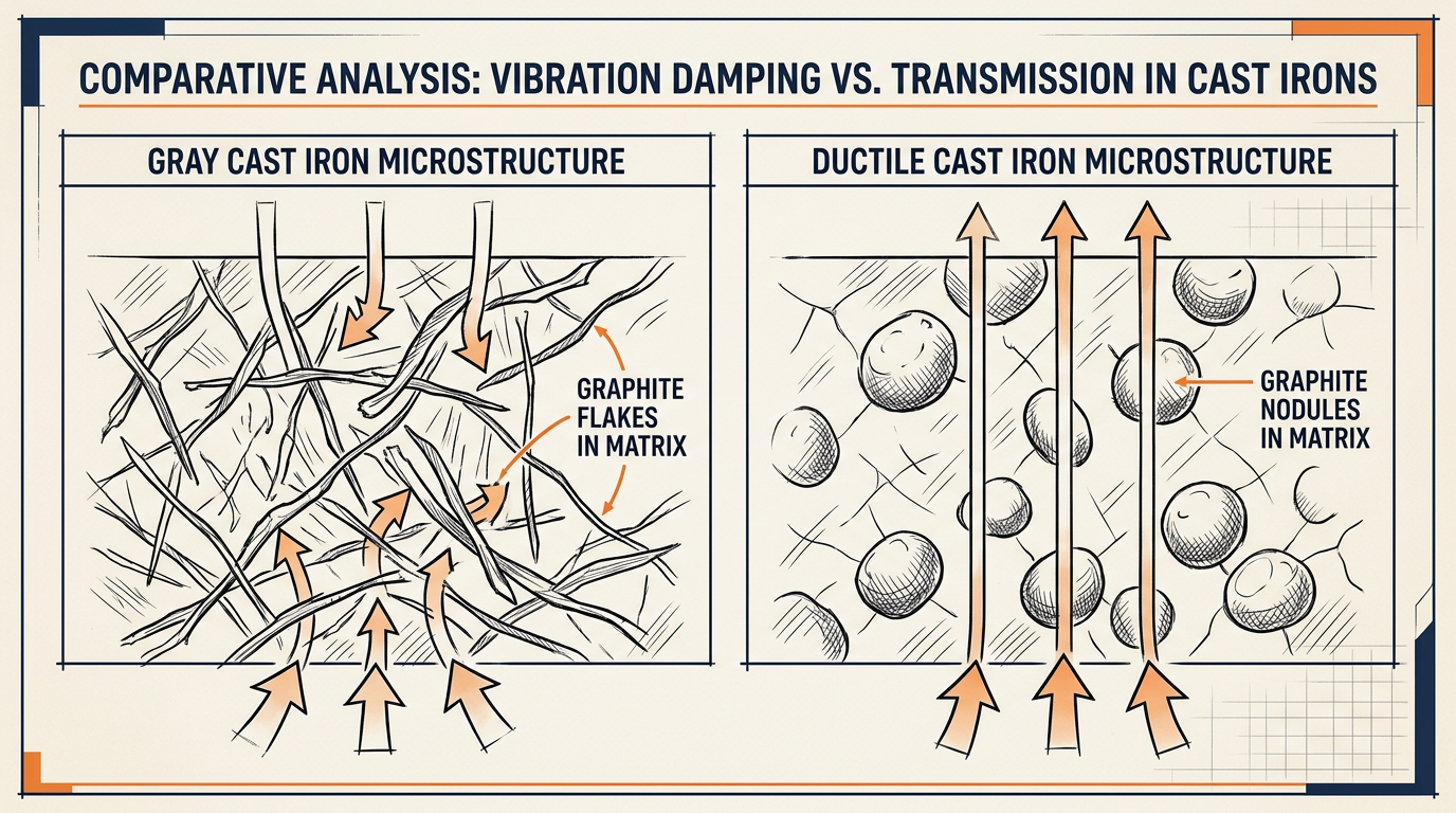 Ductile iron vs gray cast iron graphite microstructure comparison, flakes versus nodules