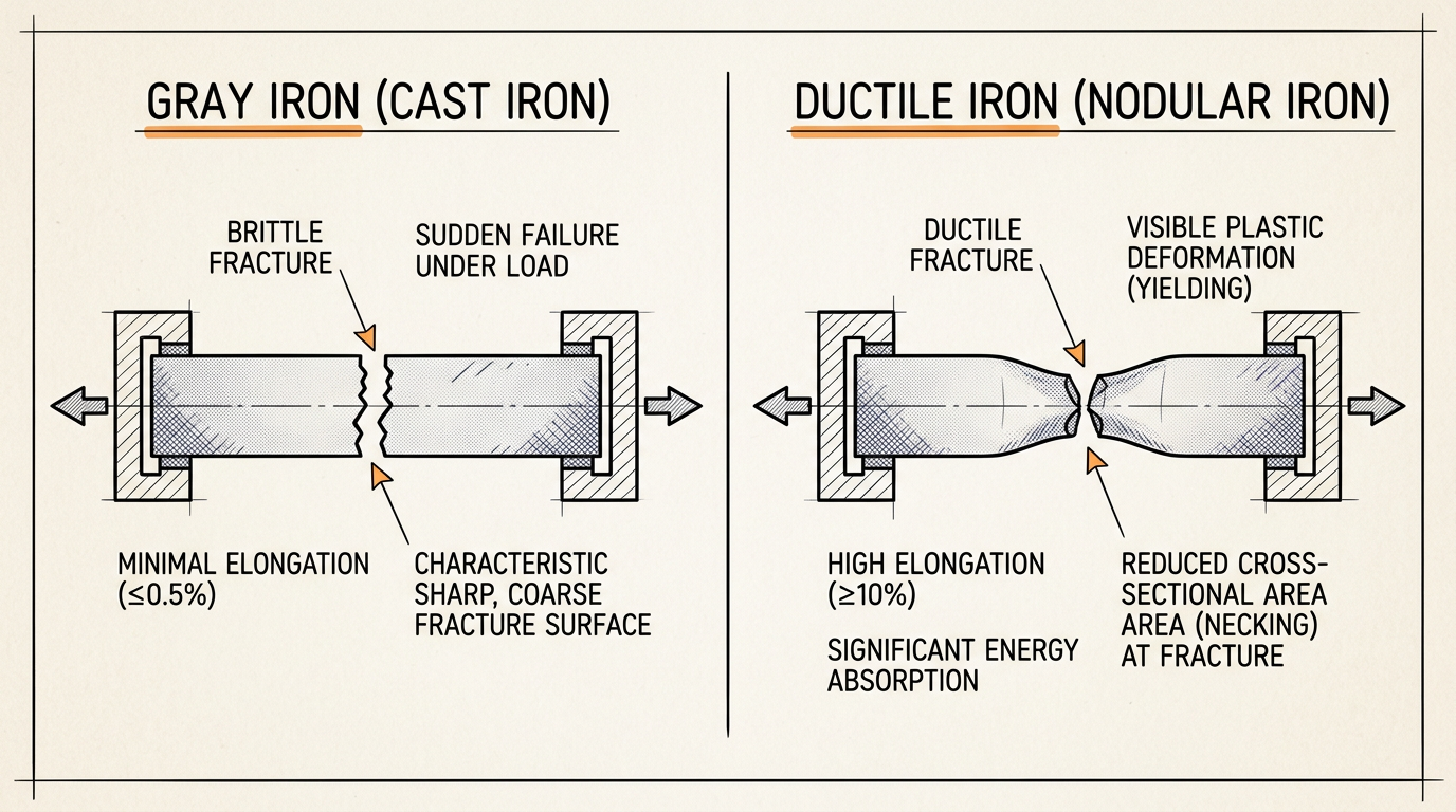 Ductile iron vs gray cast iron fracture behavior, brittle snap versus ductile yielding