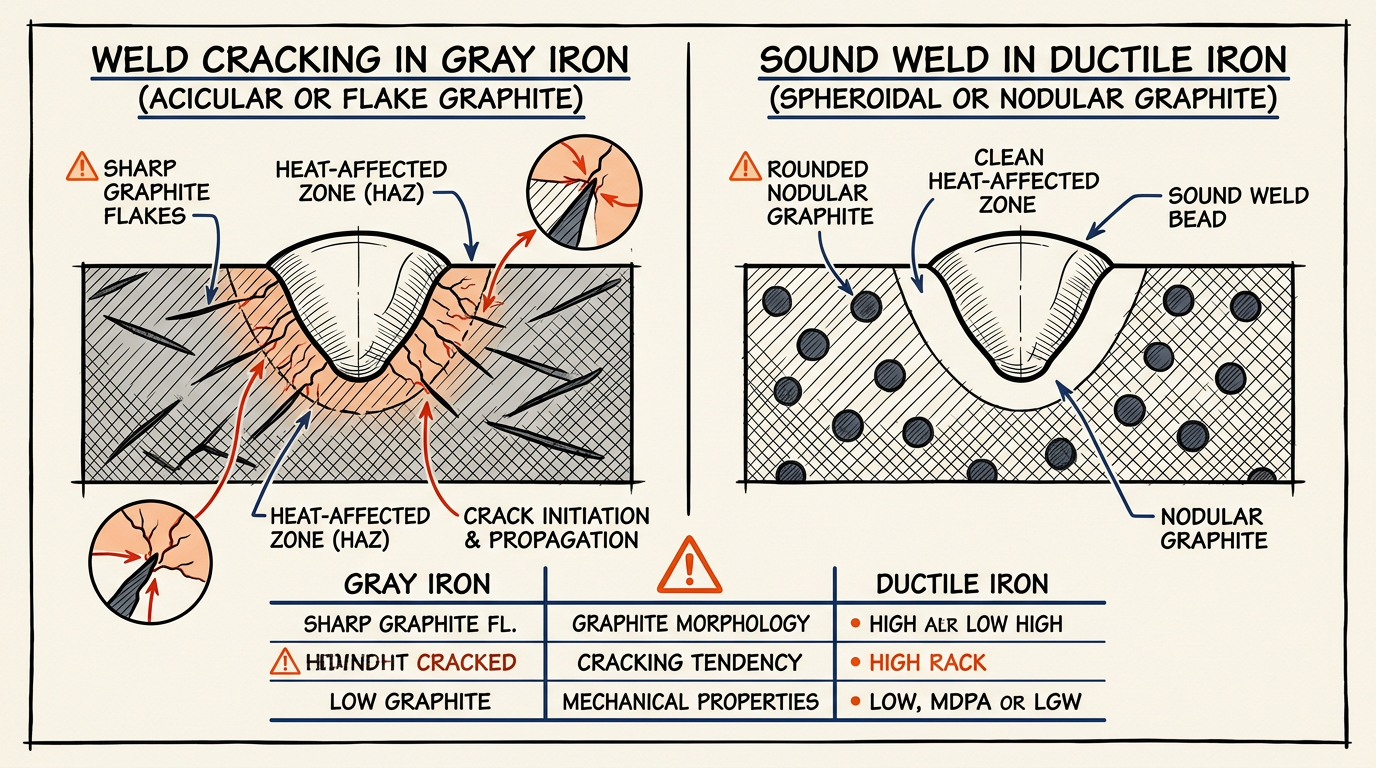 Ductile iron vs gray cast iron weld comparison, heat-affected zone cracking