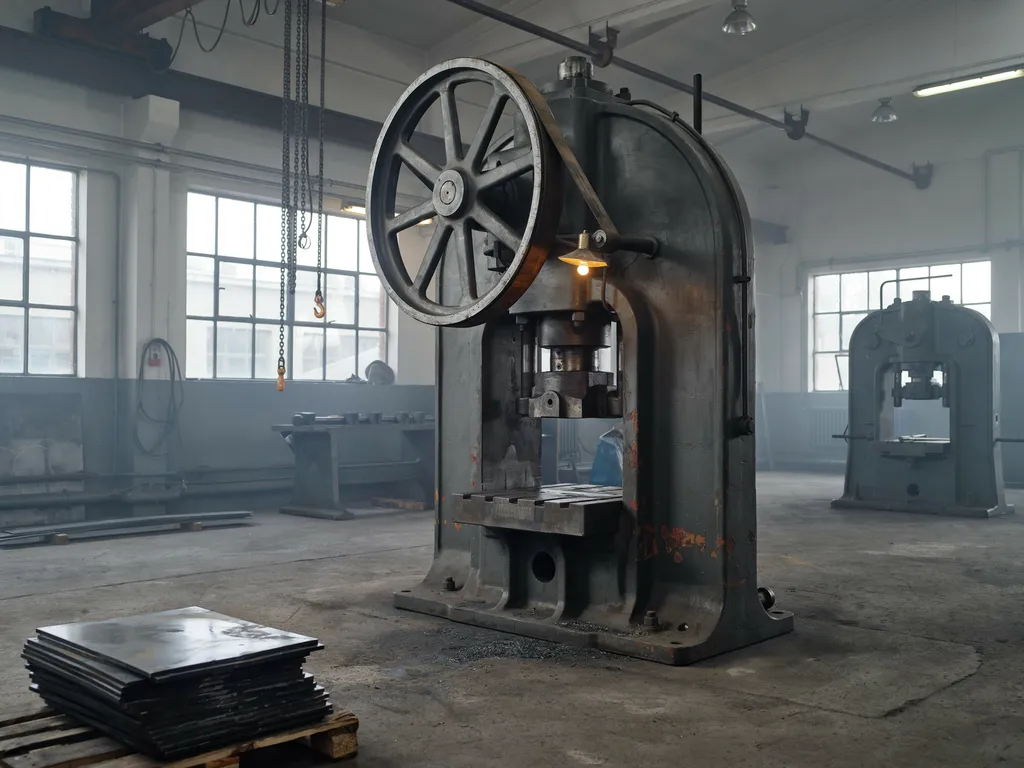 Industrial stamping press fitted with a custom gray iron flywheel